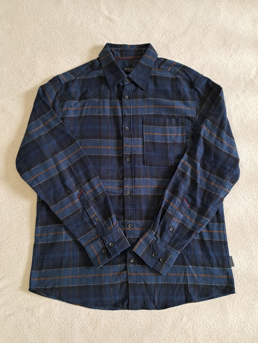 Men's Flannel Shirt Projek Raw Blue Brown Plaid Brushed Cotton Size Large Casual